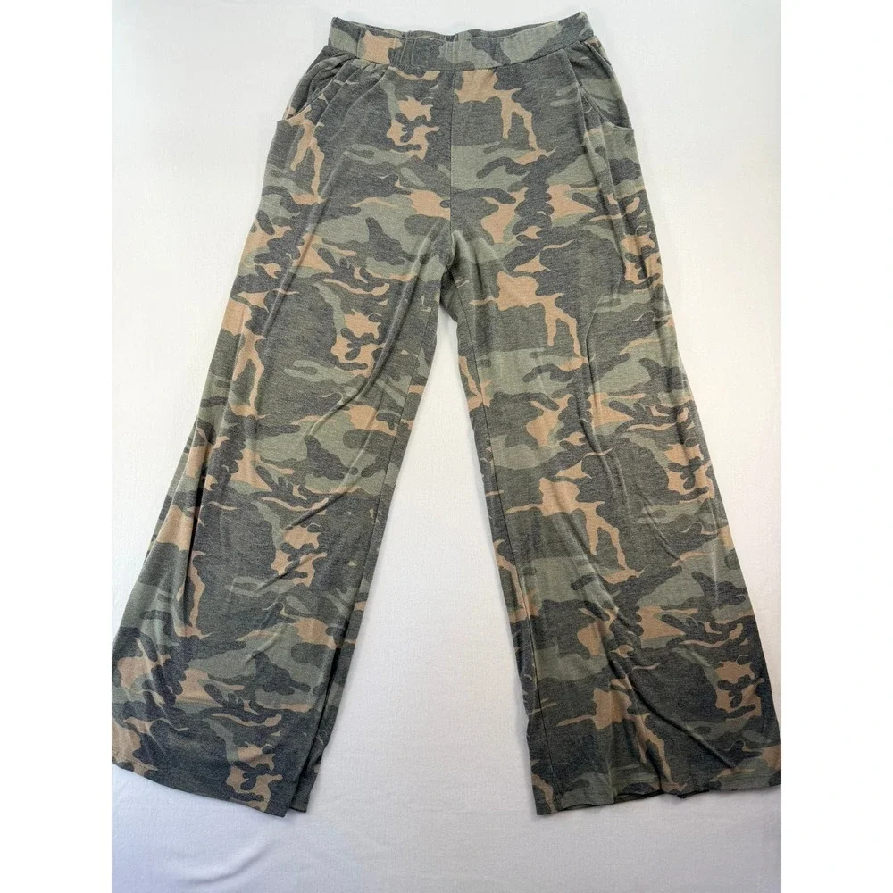7th Ray Camo Wide Leg Lounge Pants Green Camouflage Side Slit Large P-3585